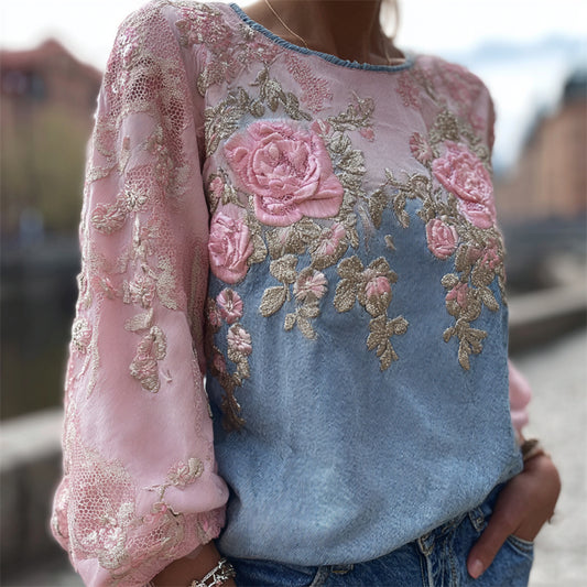 Comstylish Vintage Pink Roses Embroidered Denim Contrast Linen Tunic
