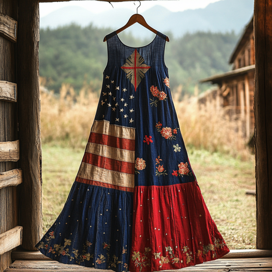 Vintage Boho Independent Day America Flag With Floral In Faith Cross Embroidered Cozy Linen Maxi Dress artswardrobe