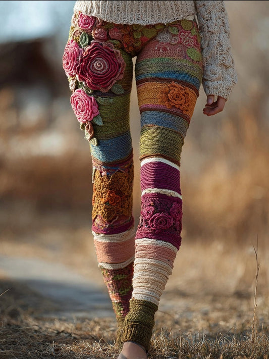 Comstylish Vintage Bohemia Flower Crochet Striped Cozy Knit Leggings
