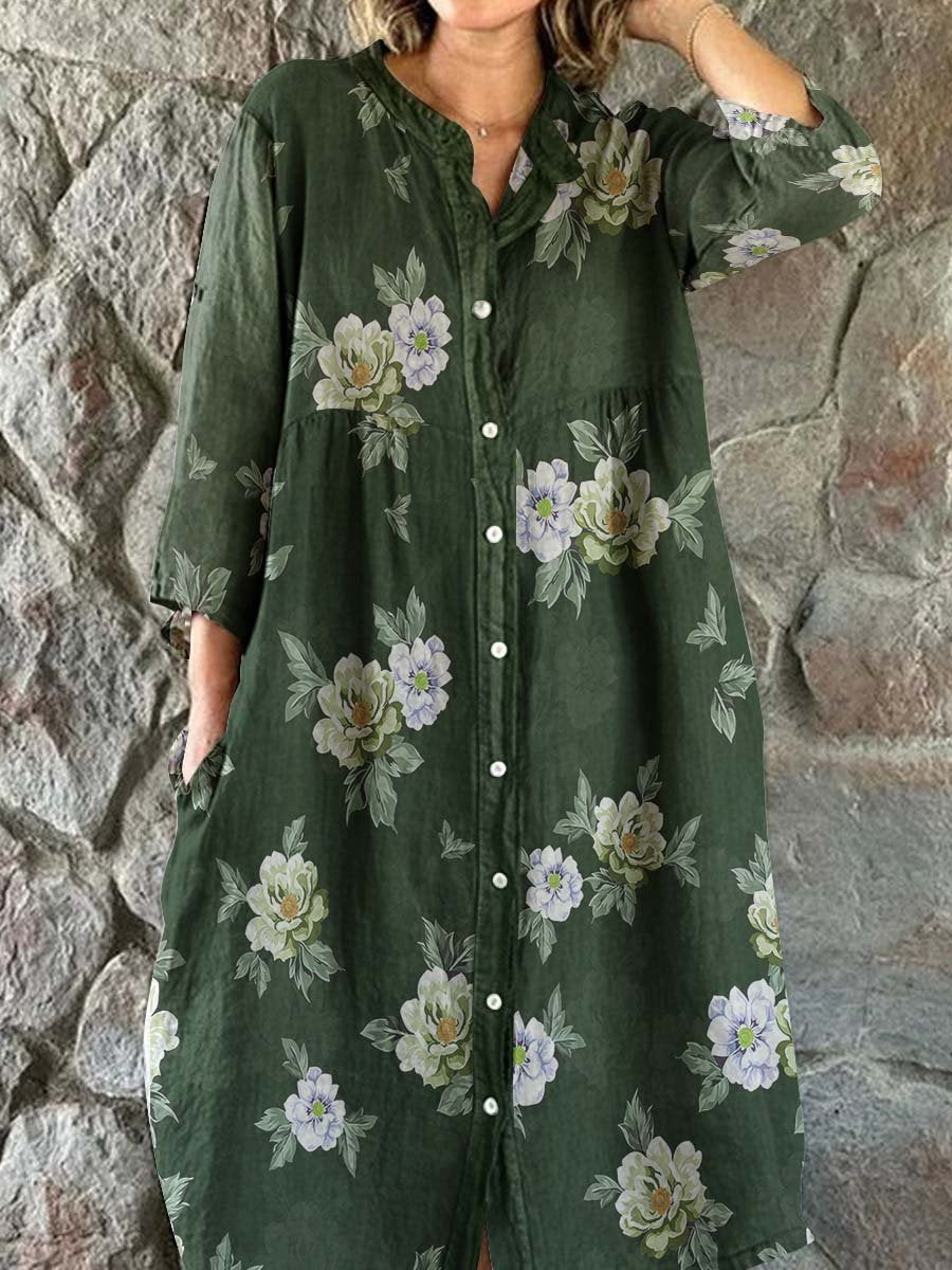 Women's Elegant Vintage Floral Print Shirt Style Cotton and Linen Dres