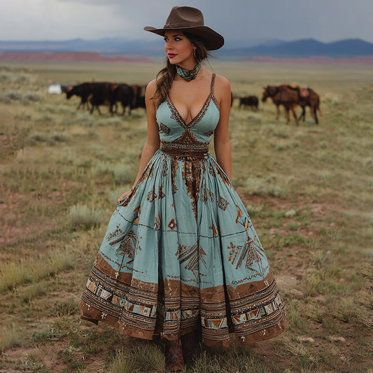 Women's Western Geometry Print Suspender Maxi Dress artswardrobe
