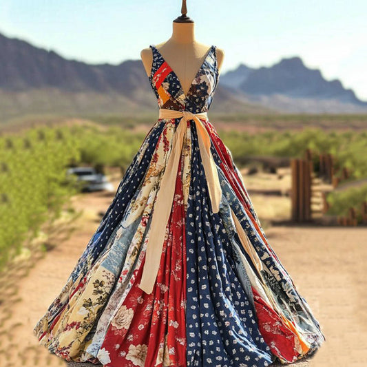 Women's Floral Art Patchwork Sleeveless Maxi Dress artswardrobe