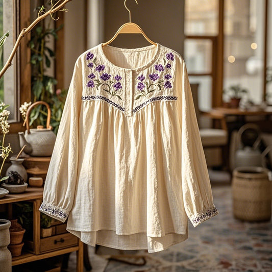 Women's Purple Flowers Embroidery Vintage Linen Long Sleeve Shirt artswardrobe
