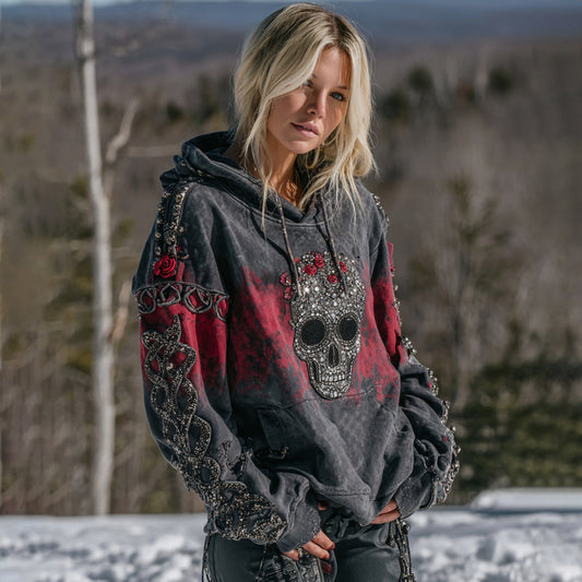 Comstylish Women's Vintage Viking Tribal Skull Flower Gradien Art Cozy Hoodie