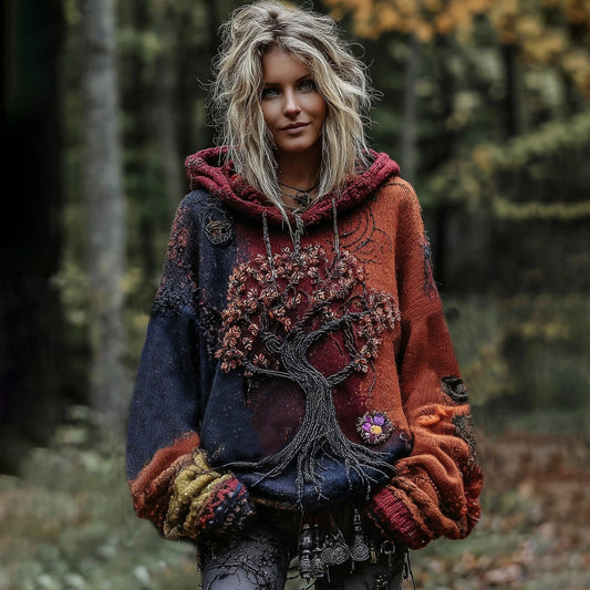 Tree Of Life Chunky Crochet Flower Hooded Sweater elevenforest