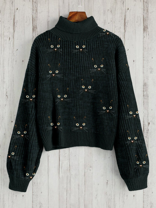 Cute Cat Face Pattern Warm Turtleneck Sweater elevenforest