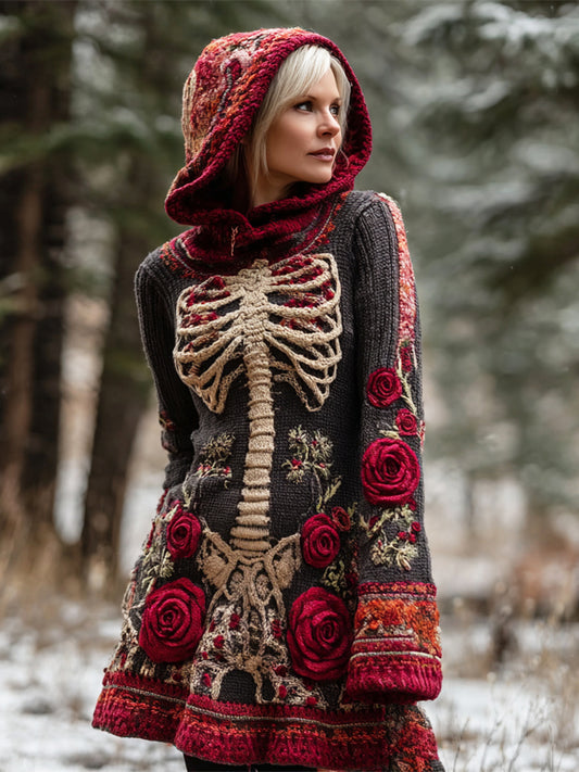 Comstylish Retro Floral & Skeleton Art Women's Knit Hooded Mini Dress