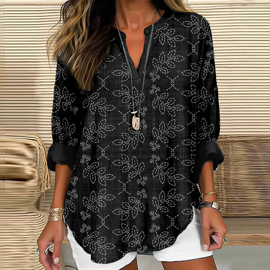 Comstylish Japanese Floral Leaf Sashiko Art Cozy Linen Tunic