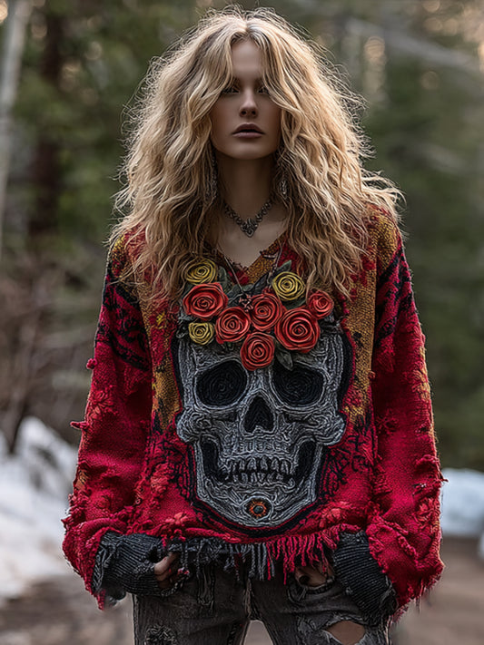 Comstylish Women's Vintage Rose Skull-print Distressed V-neck Top