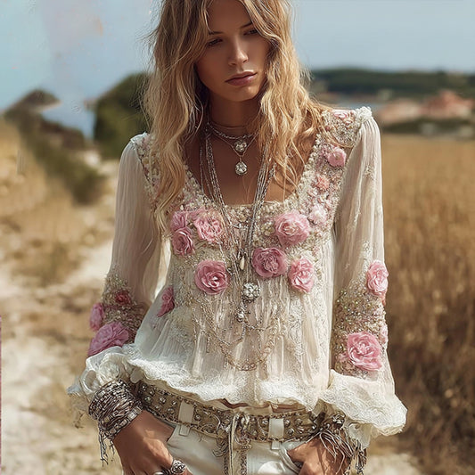 Comstylish Women's Flower Romantic Pink Vintage Long-sleeved Top