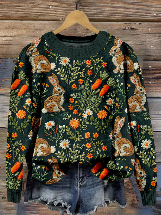 Easter Bunnies and Carrots Embroidery Cozy Sweater artswardrobe