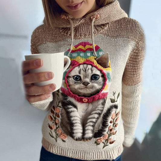 Women's Cute Winter Strawberry Cat Art Knitted Warm Sweater elevenforest