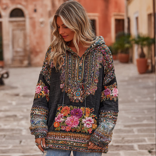 Comstylish Women's Vintage Ethnic Floral Embroidery Dark-colored Hoodie