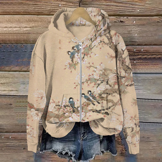Comstylish Vintage Flower Bird Print Zip Hoodie