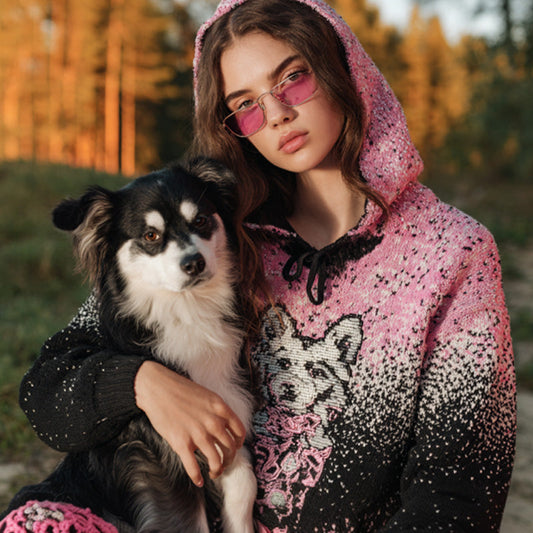 Women's Vintage Dog Embroidered Hooded Sweater artswardrobe