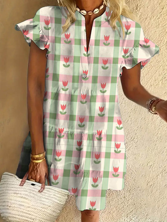 Multicolor Cute Flower Tulip Art Print Ruffled Short-sleeved V-neck Buttoned Dress Vacation Beach Dress