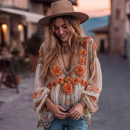 Women's Orange Rose Embroidery Casual V-neck Shirt artswardrobe