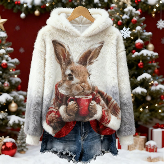 Women's Tea Drink Rabbit Pattern Cozy Plush Hoodie artswardrobe