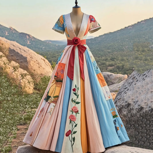 Women's Vintage Floral Art Cotton Linen Maxi Dress artswardrobe
