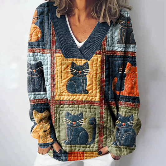 Comstylish Women's Vintage Cat Knit V Neck Cozy Sweater
