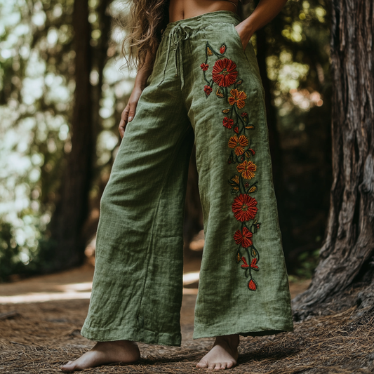 Bohemian Holiday Style Linen Bohemian Floral Print Linen Long Loose Wide-leg Pants artswardrobe