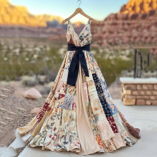 Women's Vintage Floral Patchwork Art Comfy Linen Dress artswardrobe