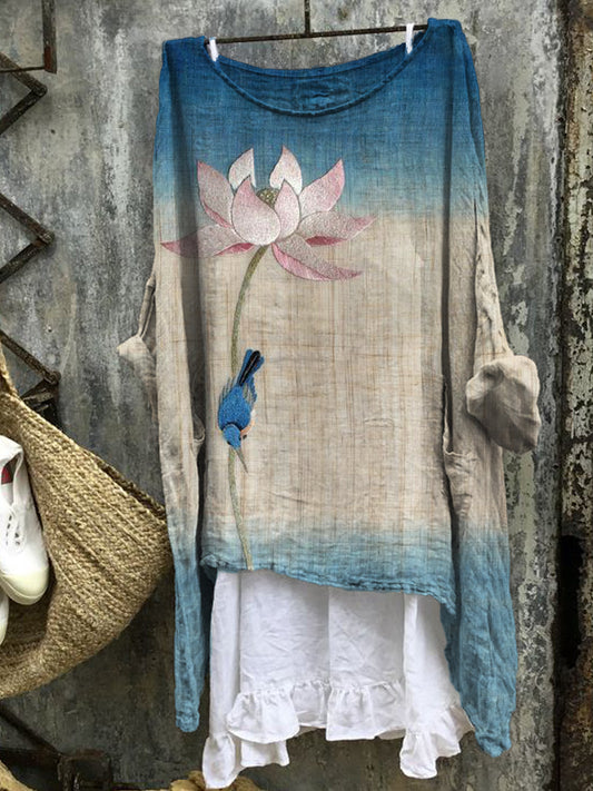 Comstylish Lotus & Bird Embroidery Gradient Japanese Linen Blend Tunic