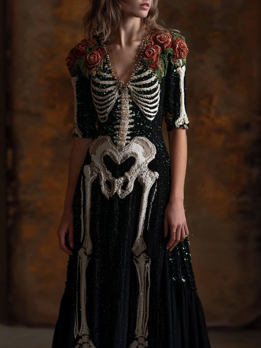 Comstylish Vintage Skeleton Roses Glitter V Neck Cozy Maxi Dress