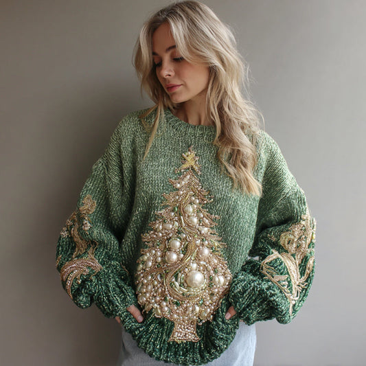 Women's White Christmas Tree Gradient Art Crew Neck Sweater artswardrobe