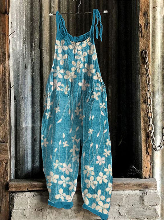 Comstylish Floral Tie Dye Art Print Linen Blend Casual Jumpsuit