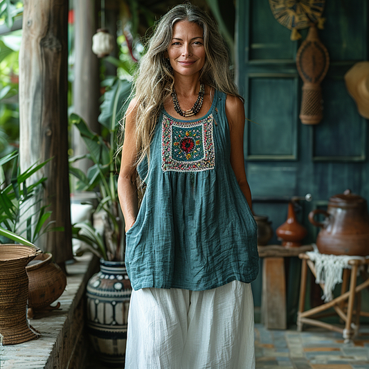 Women's Retro Loose Bohemia Ethnic Style Linen Suspender Sleeveless Top artswardrobe