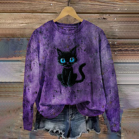 Comstylish Halloween Blue-eyed Cat Purple Dirty Round Neck Sweater