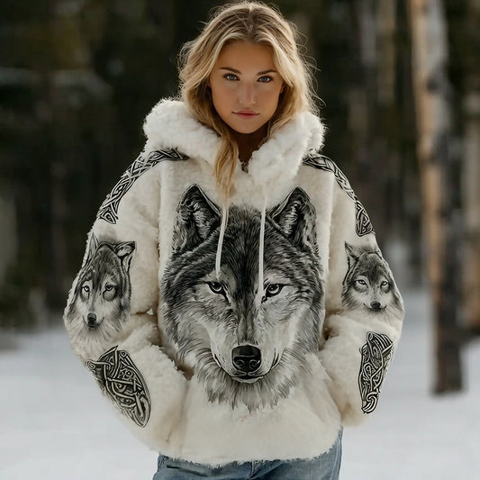 Comstylish Women's Vintage Viking Celtic Wolf Art Plush Cozy Hoodie