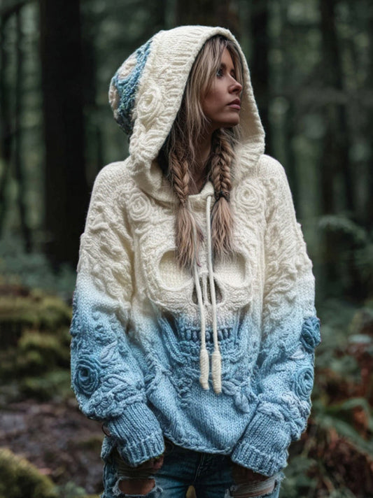 Women's Vintage Viking Skull And Rose Gradient Art Knit Hooded Sweater elevenforest