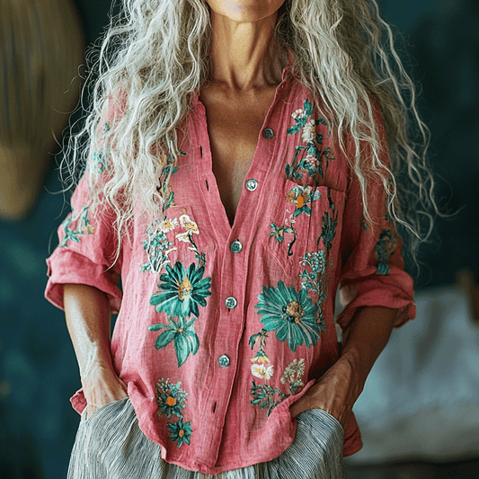 Retro Bohemian Style Linen Floral Art Print Long Sleeve Loose  Shirt artswardrobe