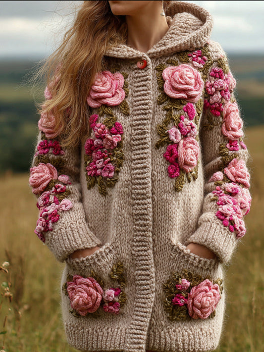Women's Three-dimensional Flower Pattern Vintage Mid-length Hooded Sweater elevenforest