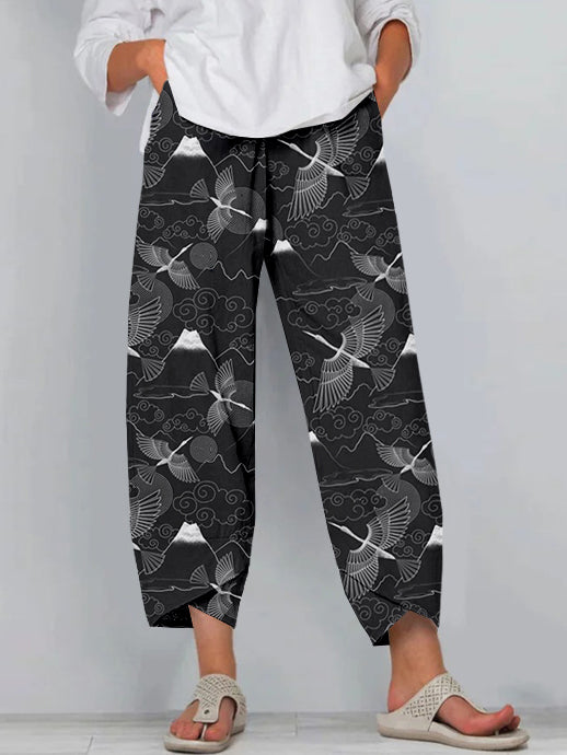 Comstylish Japanese Mount Fuji & Cranes Art Cropped Casual Pants