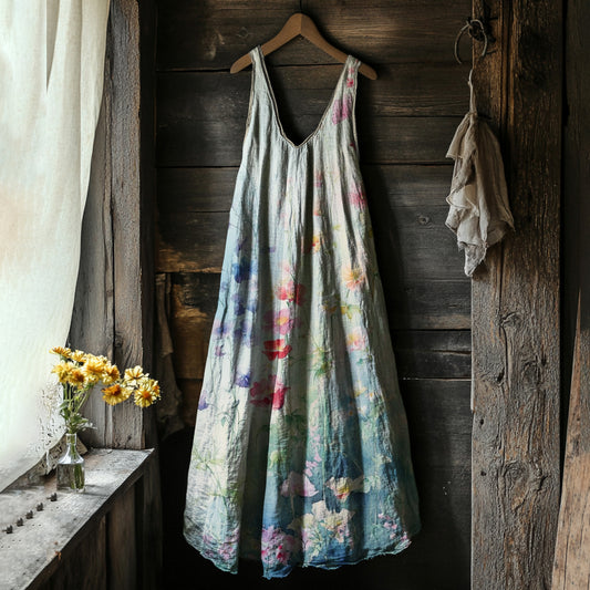 Comstylish Vintage Floral Painting Art Linen Comfy Tank Dress
