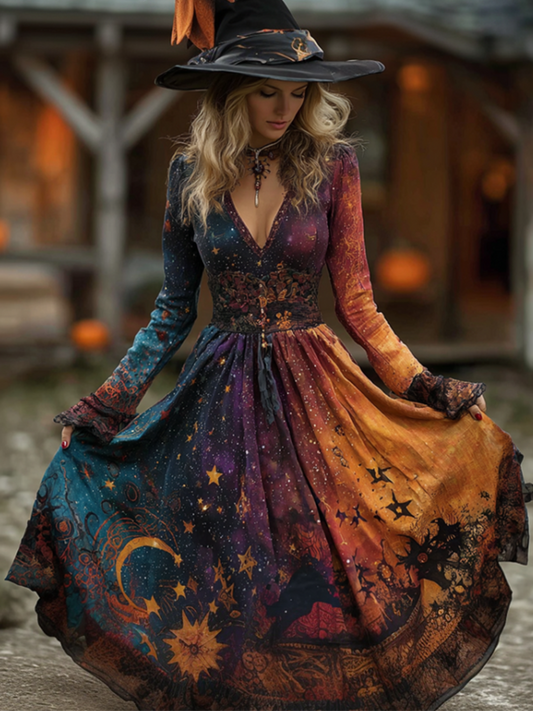Comstylish Women's Halloween Gradient Tarot Star Moon Design Witch Dress