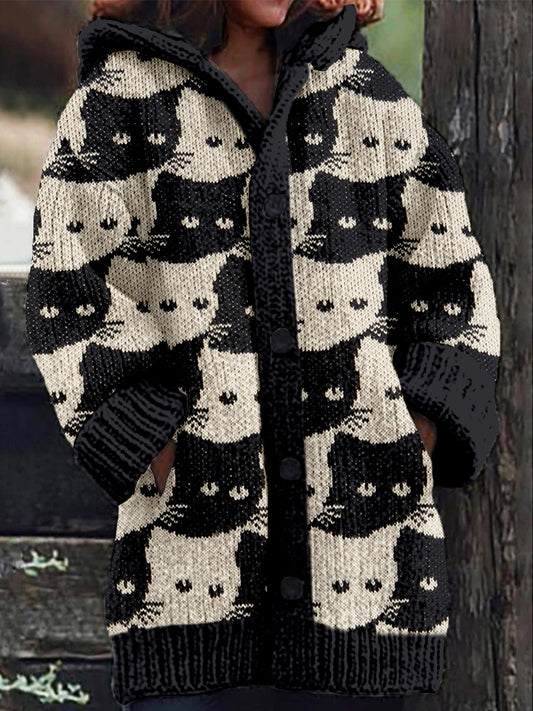 Comstylish Lovely Cats Knit Art Cozy Hooded Cardigan