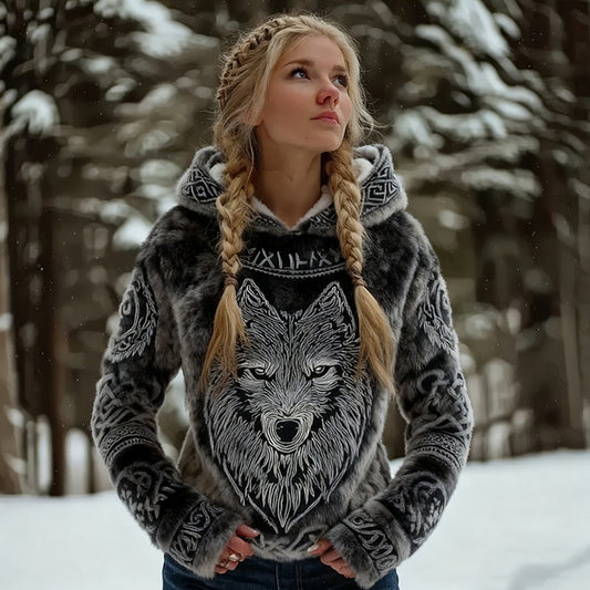 Comstylish Women's Retro Viking Wolf Art Plush Hoodie