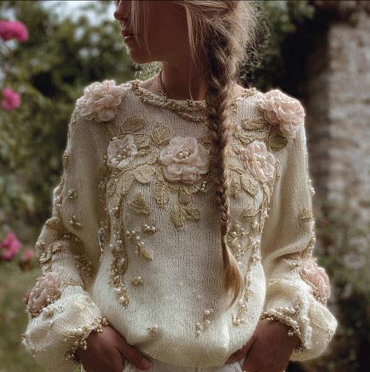 Bohemian Style Three-dimensional Pink Flower Knitted Pattern Women's V-neck Long-sleeve Knitted Sweater elevenforest