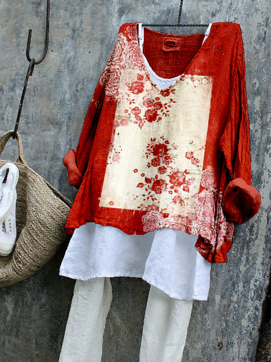 Comstylish Vintage Floral Art Pattern Linen Blend Flowy Tunic