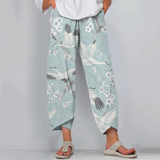 Comstylish Vintage Floral And Crane Print Loose Casual Pants