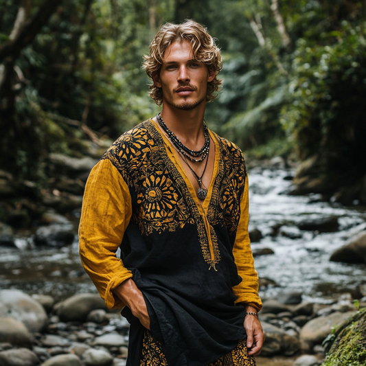 Men's Bohemian Holiday Style Linen Printed Casual Long Sleeve Tops artswardrobe