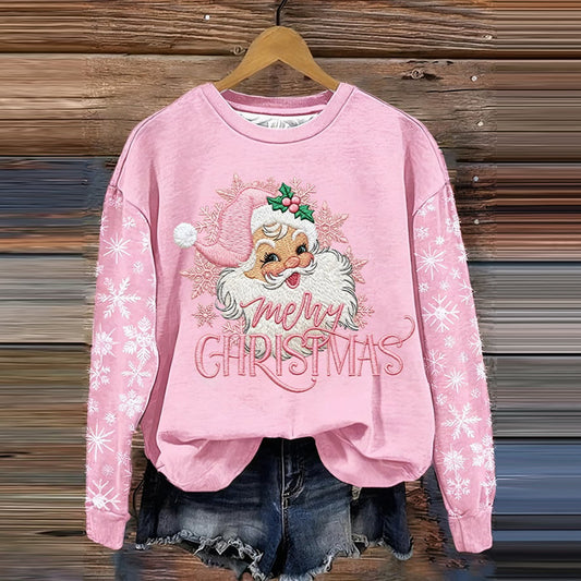 Comstylish Women's Christmas Pink Santa Claus Print Crew Neck Long Sleeve Sweatshirt