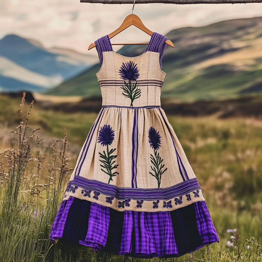 Vintage Boho Scottish Thistle With Plaid Patchwork Embroidered Cozy Linen Midi Dress artswardrobe