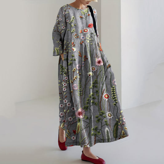 Comstylish Women's Vintage Floral Embroidery Design Printed Linen Blend Maxi Dress