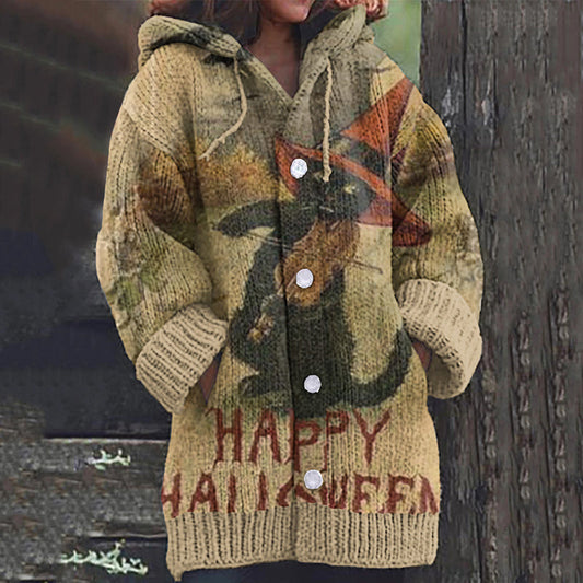 Happy Halloween Guitar Cat Print Women'S Cardigan Sweater elevenforest