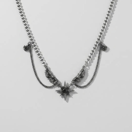 Winged Star Black Crystal Draped Necklace